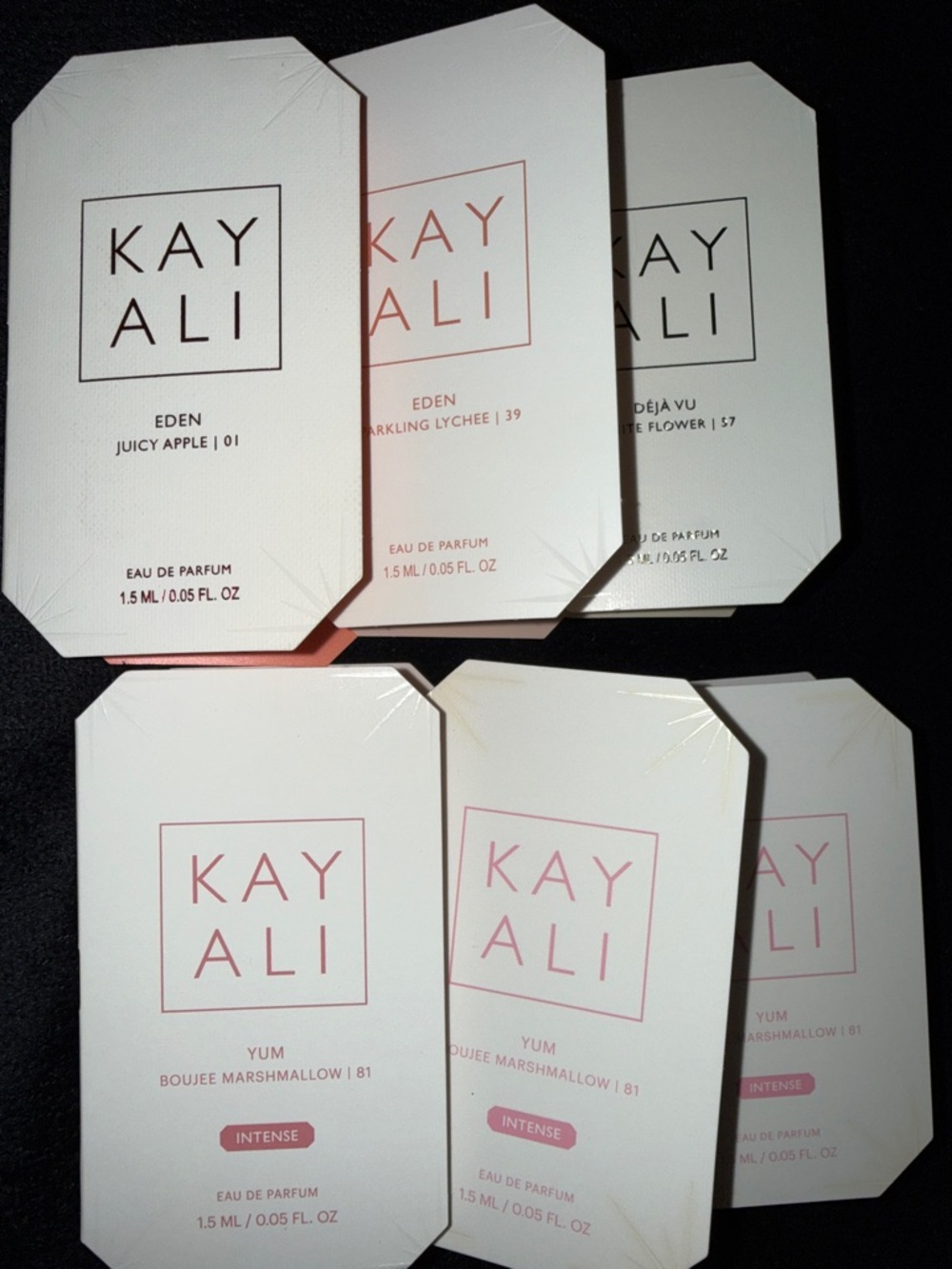 KAYALI YBM sample card  - x3 Eden juicy Apple/ ESL Déjà vu w flower 6 total bnib